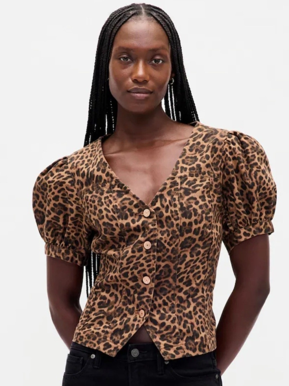 GAP Denim Leopard Print Puff Sleeve Button-Front Top - Brown/Black
